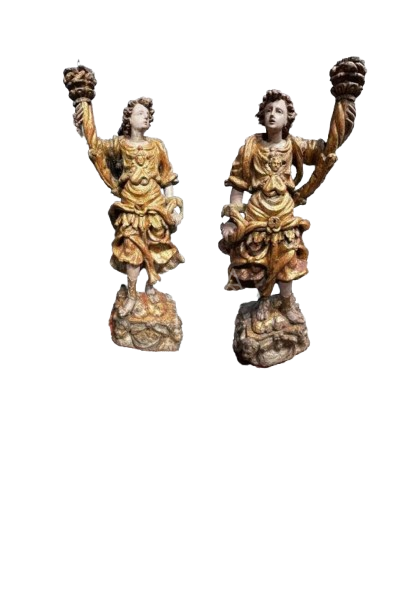 Pair of baroque poplar wood ceroferary Angels - 17th-century lombard wooden sculpture, Como school