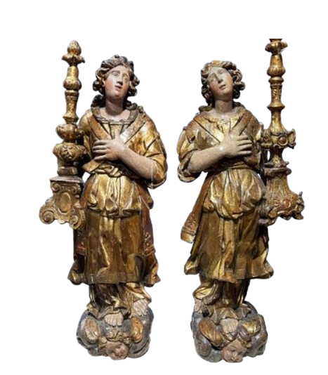 A Pair of Polychrome and Gilded Wooden Angel Torchbearers in Late Sixteenth-Century Sienese Sculpture