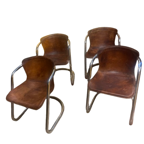 Set of four vintage 1970s cantilever chairs in chrome tubular steel and brown saddle leather attributed to Cidue in the style of Willy Rizzo