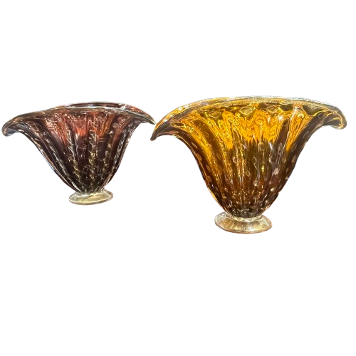 Pair of 1950s Toso Murano sommerso vases in gold cordonato glass