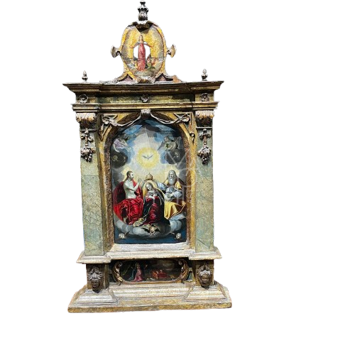 Lombard devotional shrine with the Coronation of the Virgin by Carlo Pozzi
